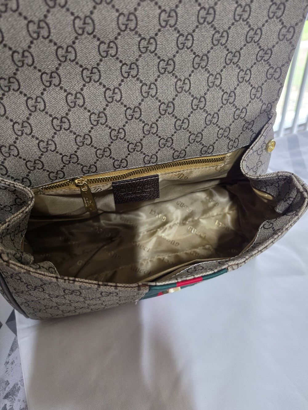 Beige Monogram Satchel with Green and Red Web Stripe - Picture 4 of 4